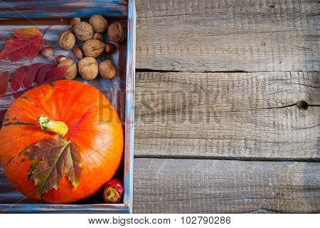 Pumpkin, Nuts And Autumn Leaves On The Old Boards. With Space Fo
