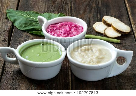 Three Different Kinds Hot Spices Cooked Of Horseradish