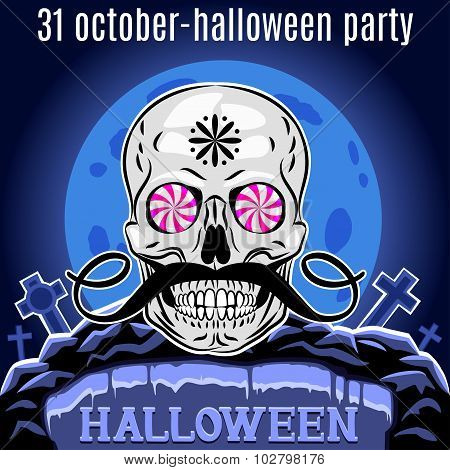 Halloween Party Design Template For Poster. Funny Skull. Vector.