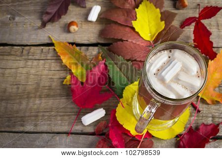 Cocoa With Marshmallow On The Background Of Bright Autumn Leaves