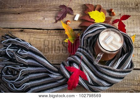Cocoa With Marshmallows, A Striped Scarf And Bright Autumn Leave