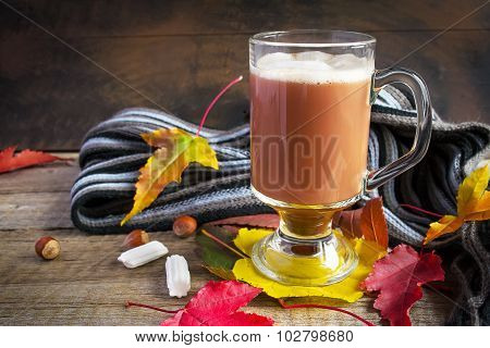 Autumn Still Life With Hot Cocoa, Cozy Scarf And Autumn Leaves