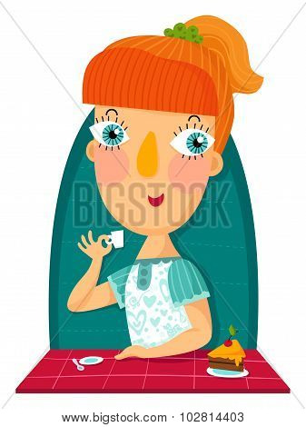 Redhair Girl With Cup And Sweet Cake