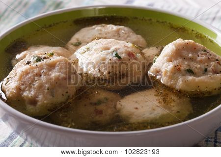 Canederli In A Broth Close Up In A Bowl. Horizontal