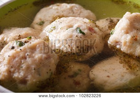 Delicious Canederli In A Broth Close-up. Horizontal