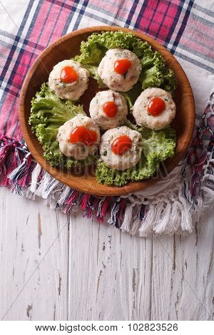 Canederli With Tomato Sauce On A Plate. Vertical Top View
