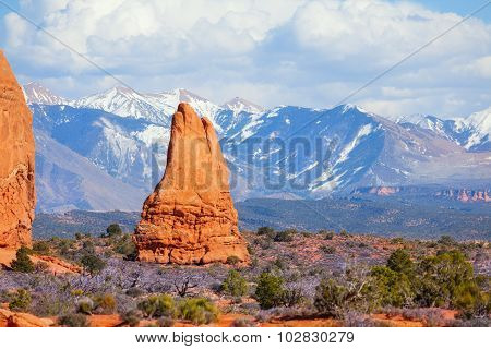 View of Mt Waas and Arches park plateau in summer