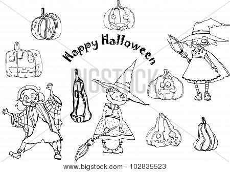 vector hand drawing funny characters and pumpkins for Halloween design