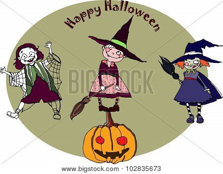 vector hand drawing funny characters and pumpkins for Halloween design