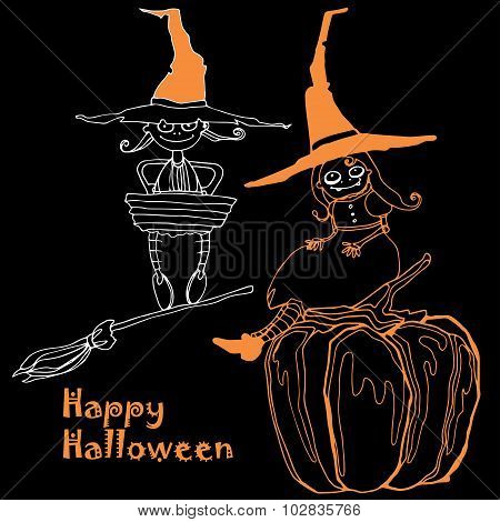 vector hand drawing funny characters and pumpkins for Halloween design