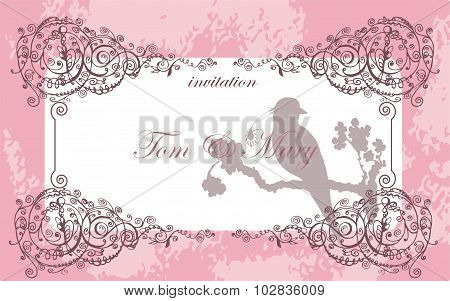 vector hand drawing invitation card with laces and bird for wedding and scrapbooking design