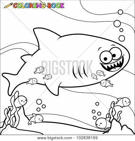 Vector Illustration of  a black and white outline image of a shark swimming underwater. Coloring book page.