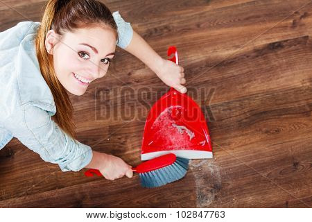 Cleaning Woman Sweeping Wooden Floor