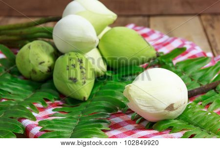 The Lotus On The Blur Red Cloth And Wood Background.