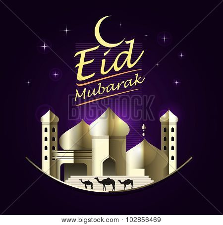 Eid Mubarak On Purple Background. Vector Illustration.