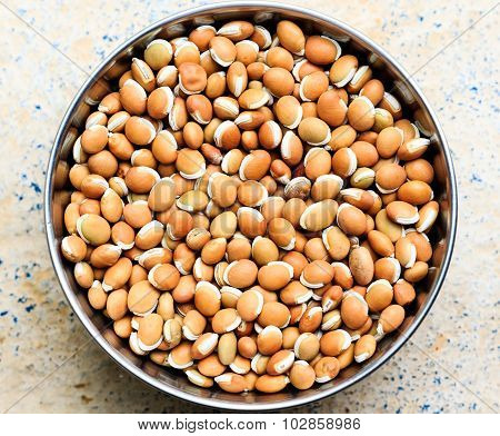 White variety of dried Lablab or Hyacinth Beans kept on a bowl in a plain background