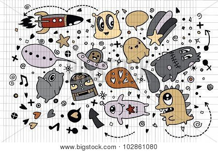 Hand Drawn Aliens And Monsters Cartoon Doodle