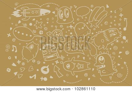 Hand Drawn Aliens And Monsters Cartoon Doodle