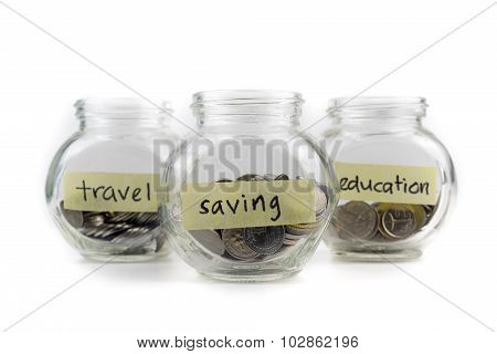 Coins In Glass Container With Travel, Saving And Education Label On White Background. Selective Focu