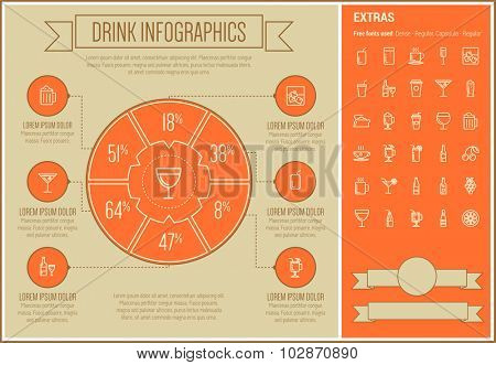 Drink infographic template and elements. The template includes the following set of icons - champagne, orange jiuce, hot choco, liquor, martini, tea, shake and more. Modern minimalistic flat thin line