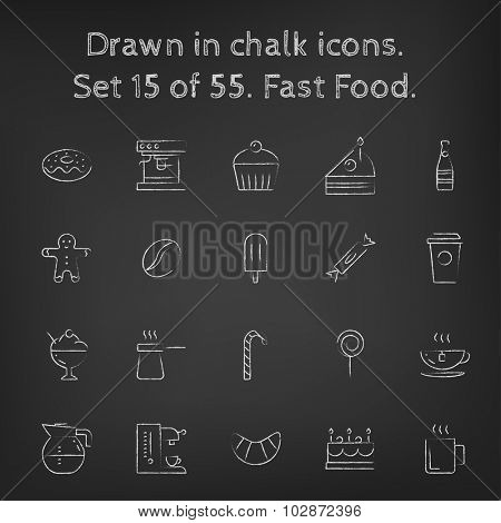 Fast food icon set hand drawn in chalk on a blackboard vector white icons on a black background.