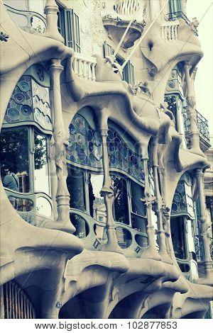 BARCELONA - MAY 2, 2015: The facade of the house Casa Battlo (also could the house of bones) designed by Antoni GaudiÃÂ­ with his famous expressionistic style 