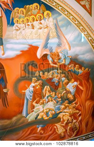 Izhevsk, Russia - September 16, 2015: Old Religious Painting Of The Ceiling Of The Saint Michael's C