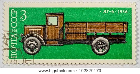 USSR - CIRCA 1975: A stamp printed in USSR shows 5-ton truck, YAG-6, 1936, Development of Russian au