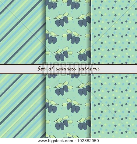 honeysuckle a set of seamless patterns dots stripes diagonal a set of backgrounds. berries