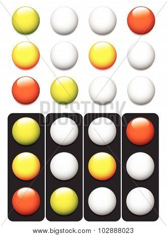 Set Of Traffic Lights, Lamps, Signals. Green, Yellow And Red Light.