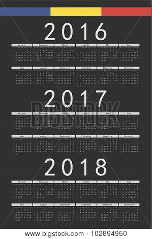 Set Of Black Rectangle Romanian 2016, 2017, 2018 Year Vector Calendars