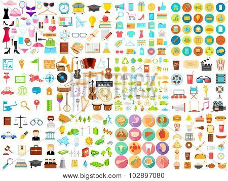illustration of flat icon jumbo collection of education,medical,music,food,beauty,shopping, business and environment