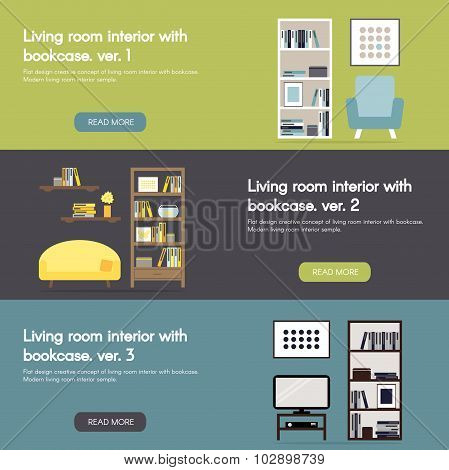 Modern living room interior with bookcase horizontal flat banner set.