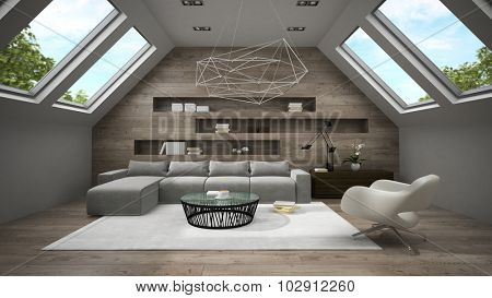Interior of stylish mansard room 3D rendering 2 