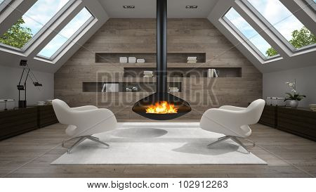 Interior of mansard room with fireplace 3D rendering 
