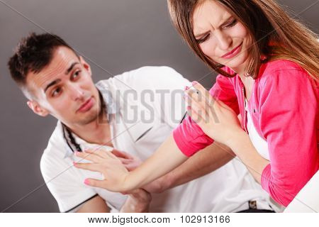 Husband Apologizing Wife. Angry Upset Woman.
