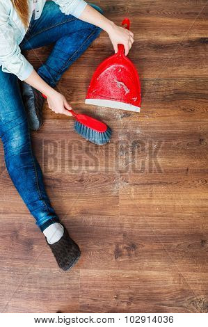 Cleaning Woman Sweeping Wooden Floor