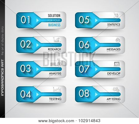 Clean Infographic Layout Template for data and information analysis with a number of solutions available. Ideal for product presentation, item ranking, ideas evaluation and so on.