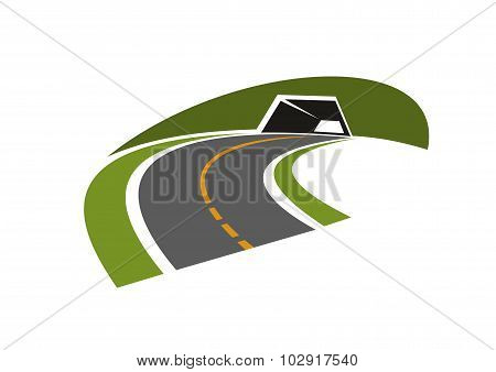 Road tunnel through green hill icon