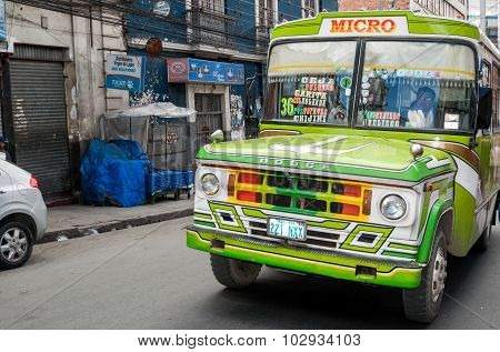 La Paz, Bolivia  - August 16, 2015: Traffic And Typical Taxi Car On August 16