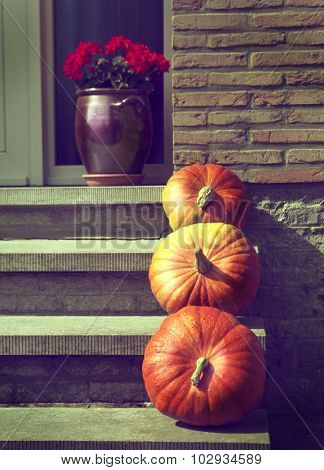 pumpkins on the porch of the house, harvest time