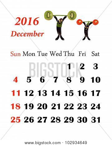 2016 Calendar. Desember. Little Funny People From Vegetables And Fruits.