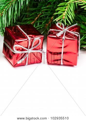 Christmas Tree Branches Border With Festive Decorations And Snowflakes Isolated Over White Backgroun