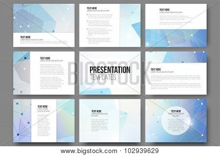 Set of 9 vector templates for presentation slides. Abstract colored background, triangle design illu