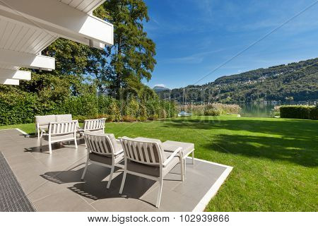 modern house outdoors, beautiful veranda in the garden