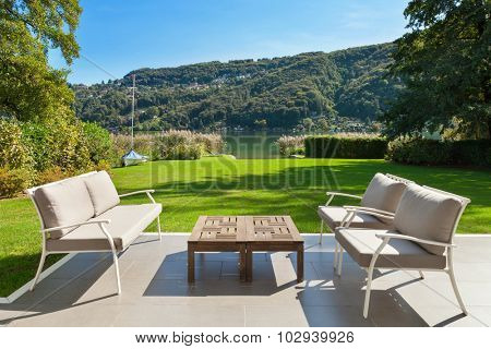 modern house outdoors, beautiful veranda in the garden