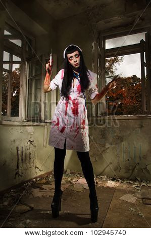 Horror Movie. Crazy Dead Nurse