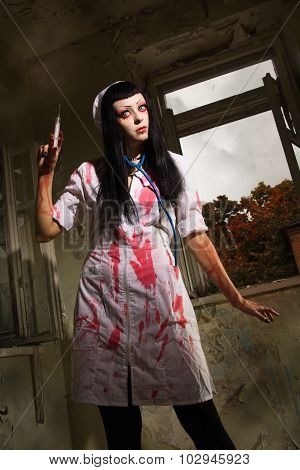 Horror Movie. Crazy Dead Nurse