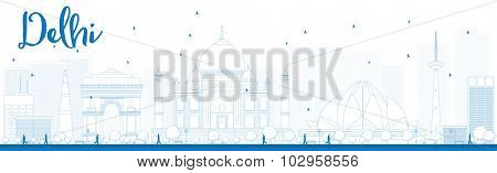 Outline Delhi skyline with blue landmarks. Vector illustration