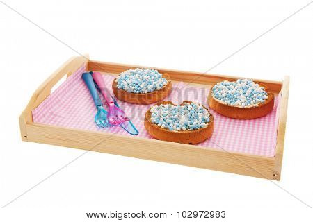 Dutch tradition blue mice on biscuits while baby boy born isolated over white background